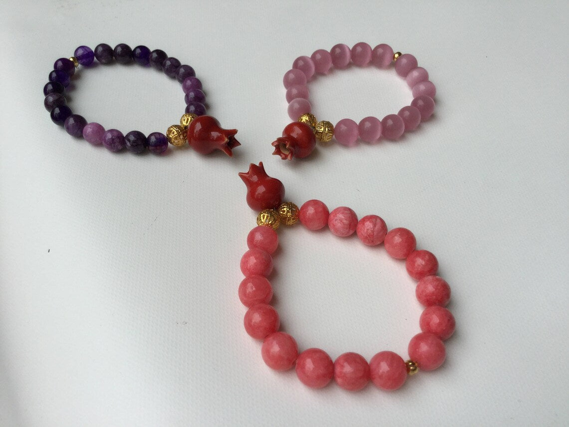 Pink Ceramic Pomegranate and Bead Bracelets