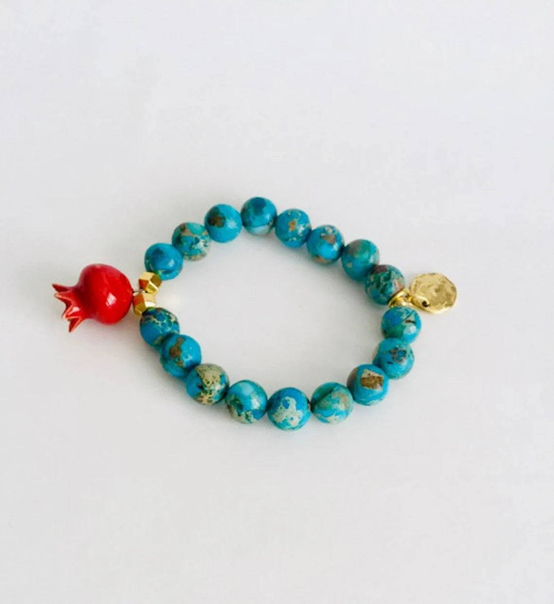 Turquoise Pomegranate Bracelet, turquoise beads and gold coin