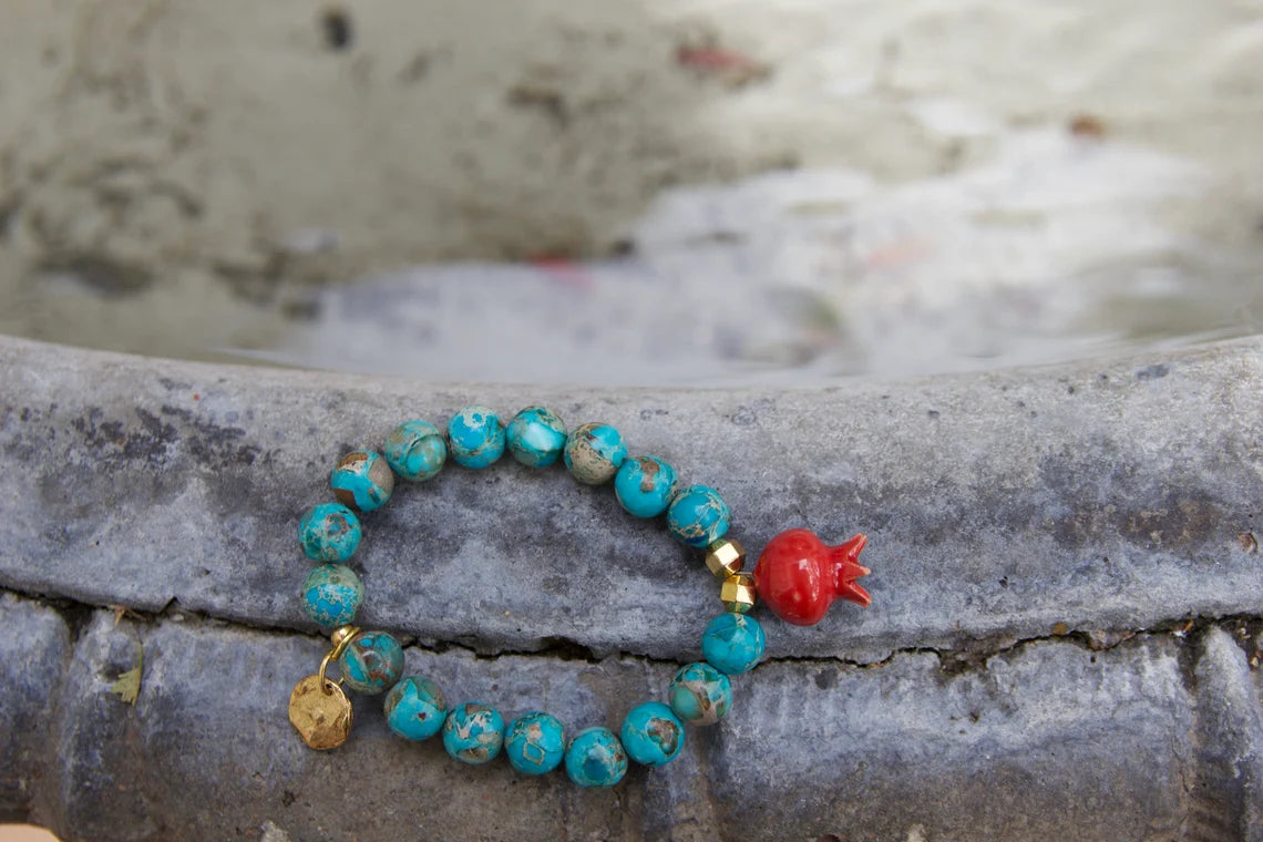 Turquoise Pomegranate Bracelet, turquoise beads and gold coin