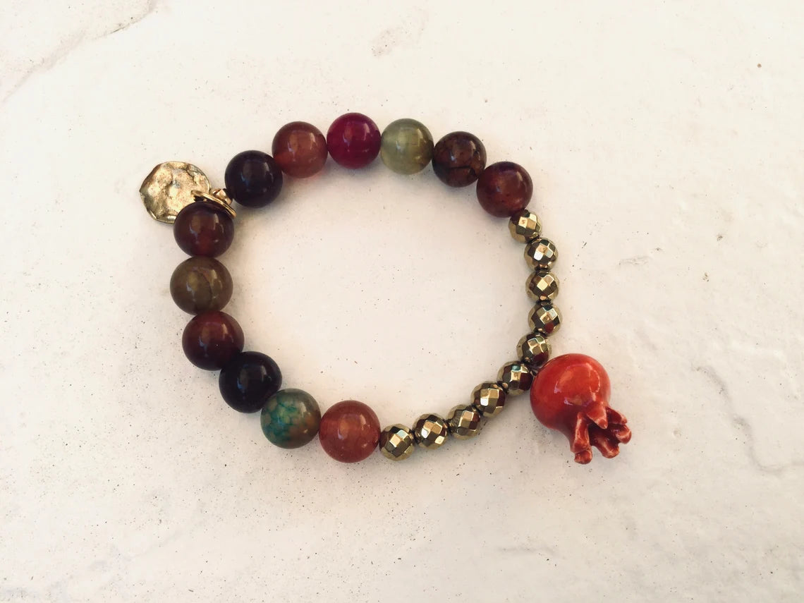 Shiraz II, Ceramic Pomegranate Bead Bracelets, with charm