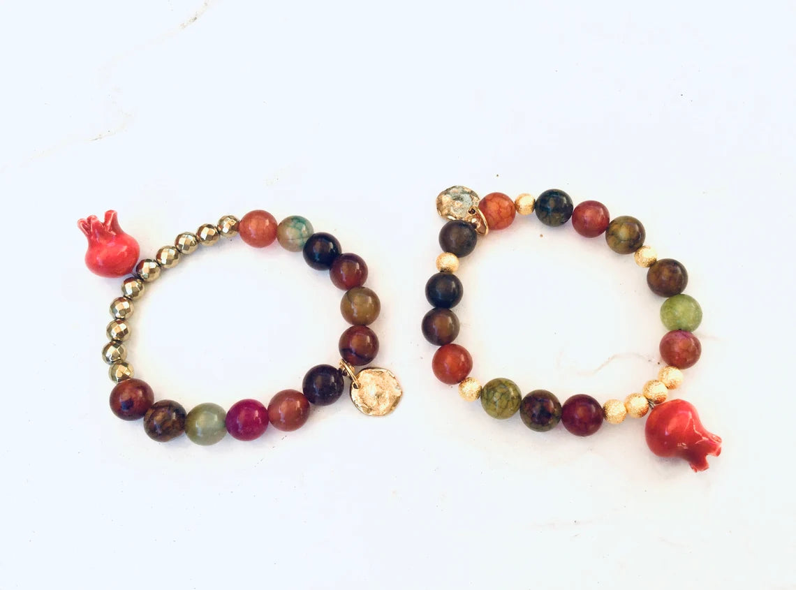 Shiraz II, Ceramic Pomegranate Bead Bracelets, with charm