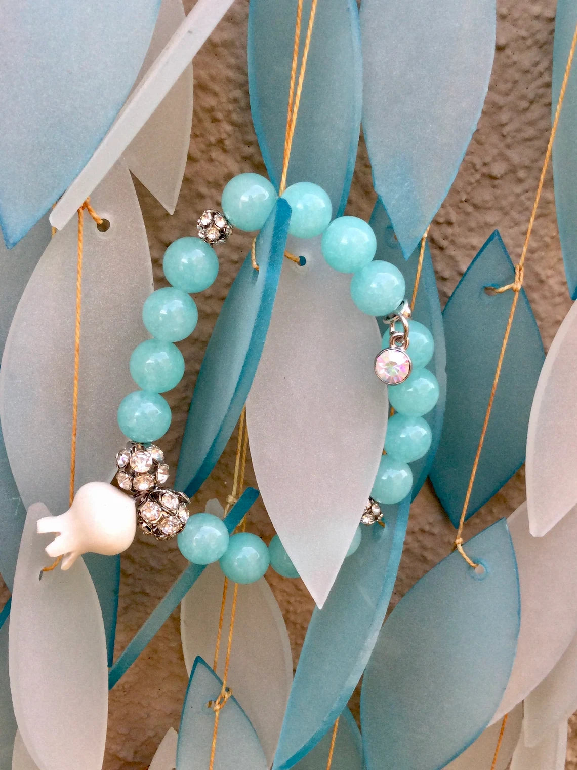 Ceramic White Pomegranate Bracelet / Pale Blue Quartzite