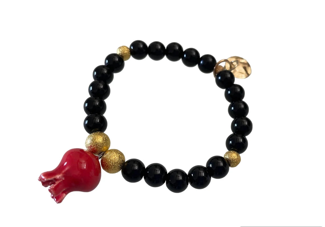 The "Carmen" Bracelet, Handmade Ceramic Pomegranate, Black Jasper Beads, and Gold Pave' beads.