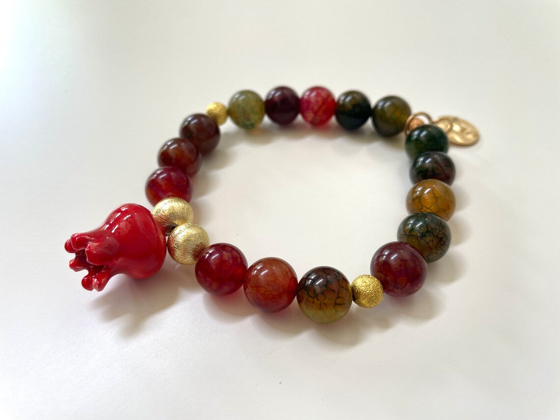 Shiraz 1, Ceramic Pomegranate with Multicolored Agate Bead Bracelets, with charm