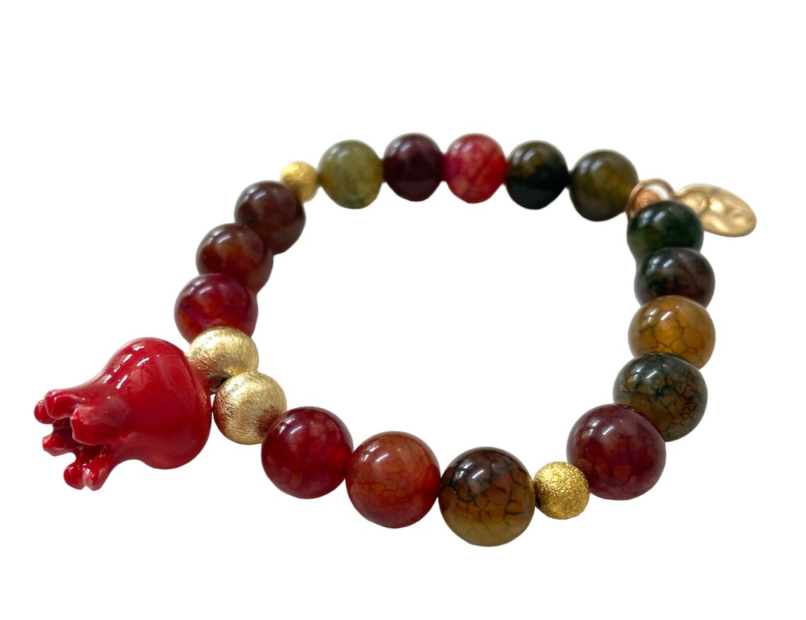 Shiraz 1, Ceramic Pomegranate with Multicolored Agate Bead Bracelets, with charm