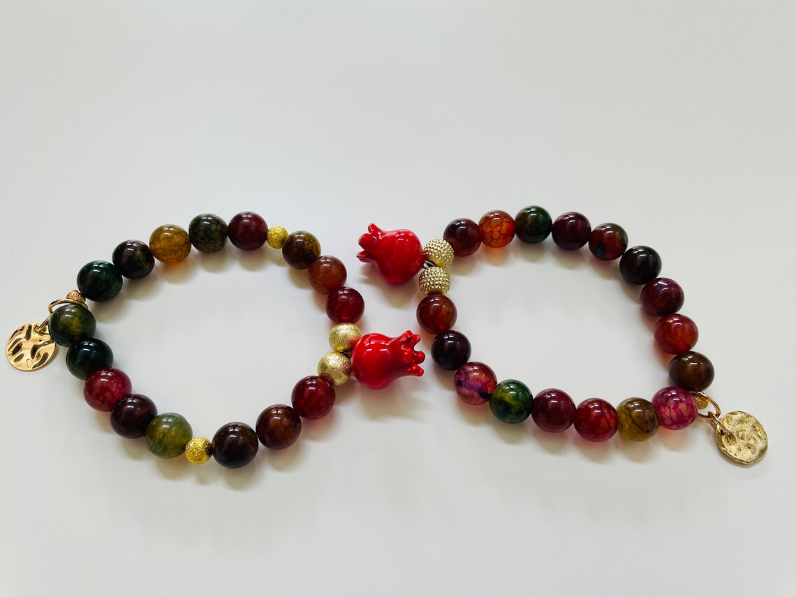 Shiraz 1, Ceramic Pomegranate with Multicolored Agate Bead Bracelets, with charm